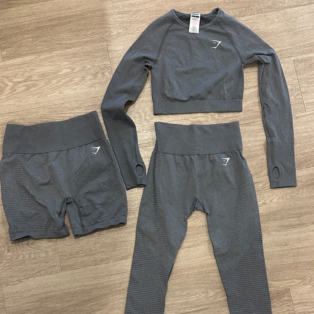 Gymshark Gray Leggings, LS Crop top & Shorts Bundle of 3